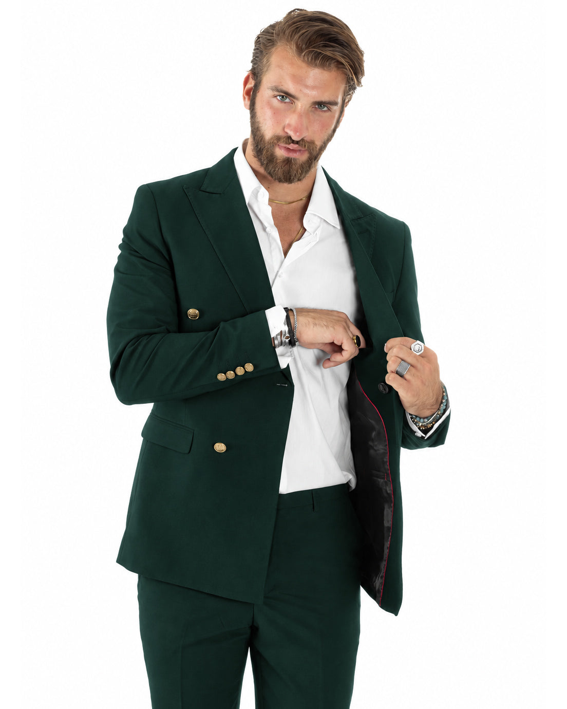 Abito uomo doppiopetto completo giacca pantaloni bottoni metallo verde bottiglia GIOSAL-AE1298A