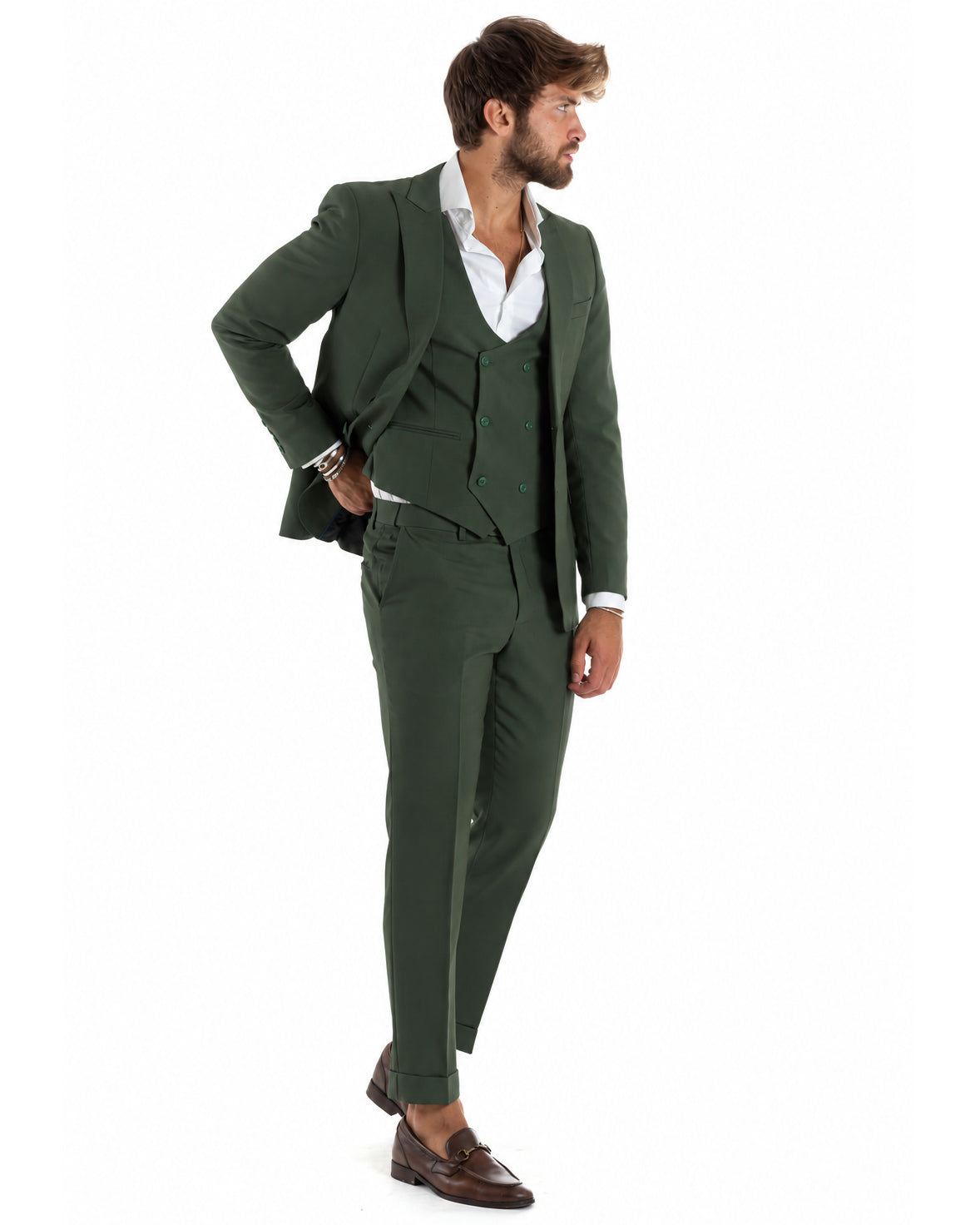 Abito uomo monopetto vestito 3 pezzi completo panciotto verde GIOSAL-AE1301A