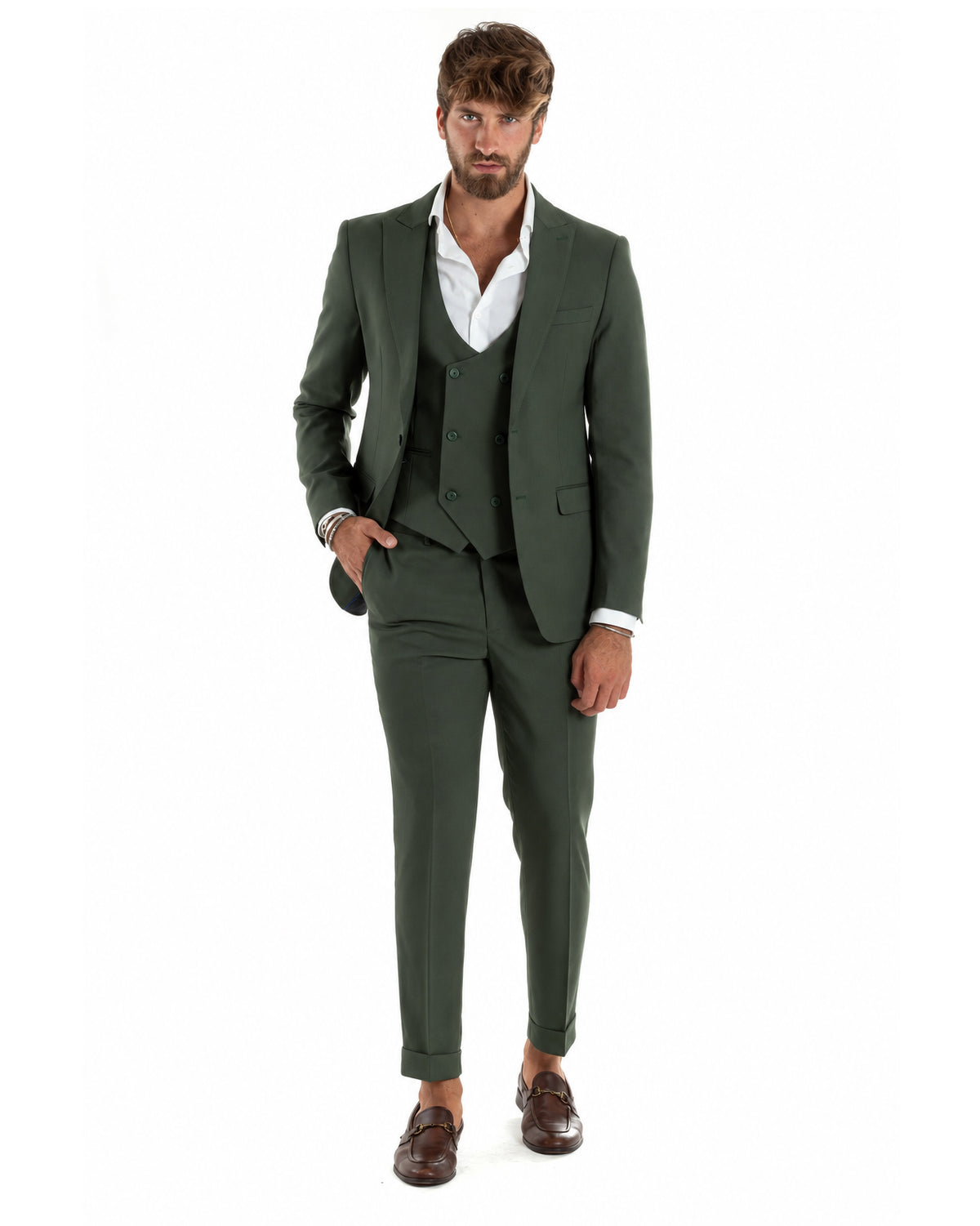 Abito uomo monopetto vestito 3 pezzi completo panciotto verde GIOSAL-AE1301A