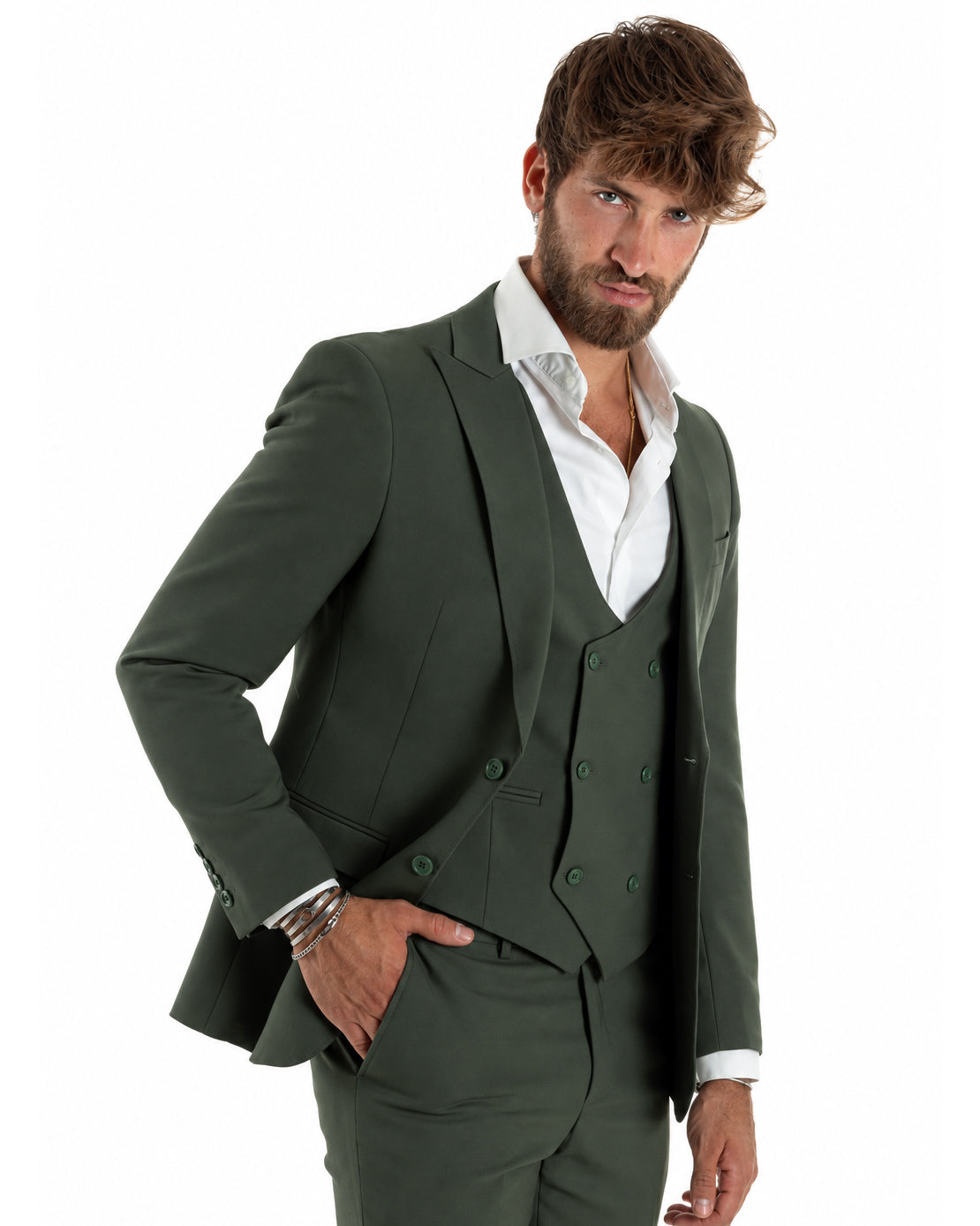 Abito uomo monopetto vestito 3 pezzi completo panciotto verde GIOSAL-AE1301A