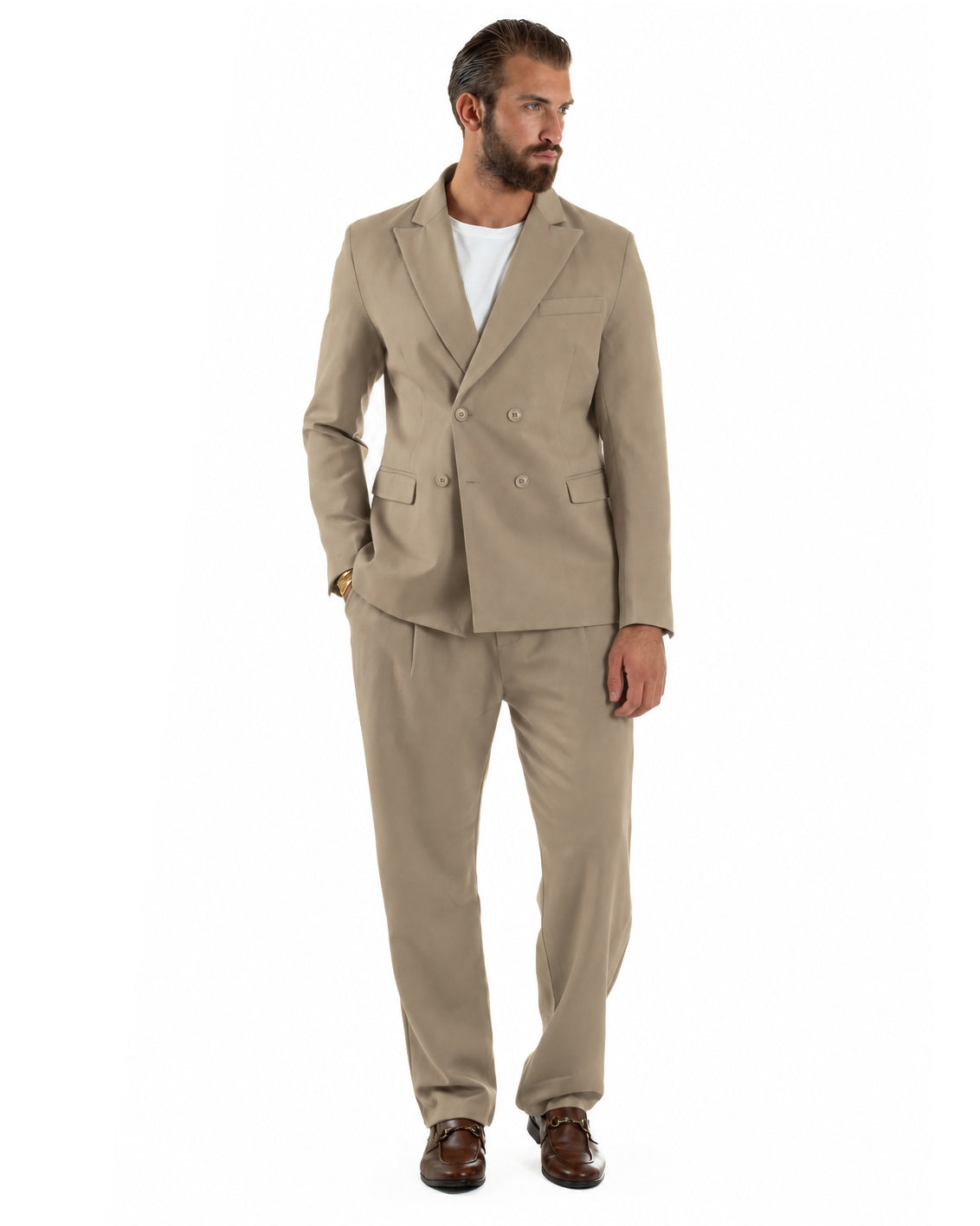 Abito Uomo Doppiopetto Viscosa Pantaloni Baggy Beige AE1305A
