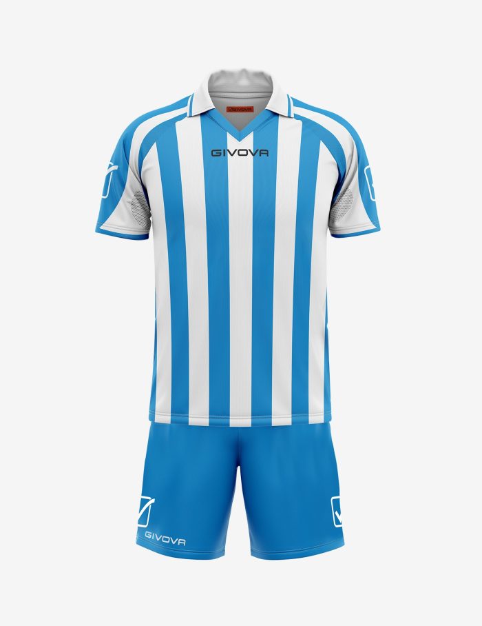 Kit SUPPORTER GIVOVA AZZURRO BIANCO Unisex Interlock Set Sportivo Maglia Mezze Maniche Rigata Con Colletto Pantaloncino Da Allenamento Bicolore GIOSAL