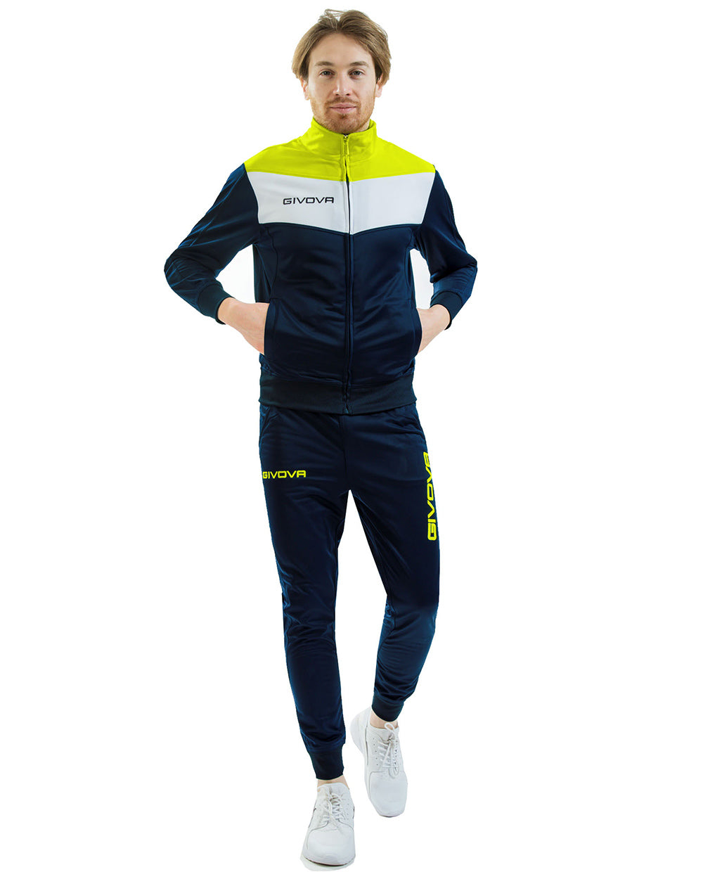 Tuta GIVOVA CAMPO FLUO BLU GIALLO FLUO Triacetato Set Unisex Sportivo Felpa Con Zip Pantaloni Tracksuit Da Ginnastica GIOSAL