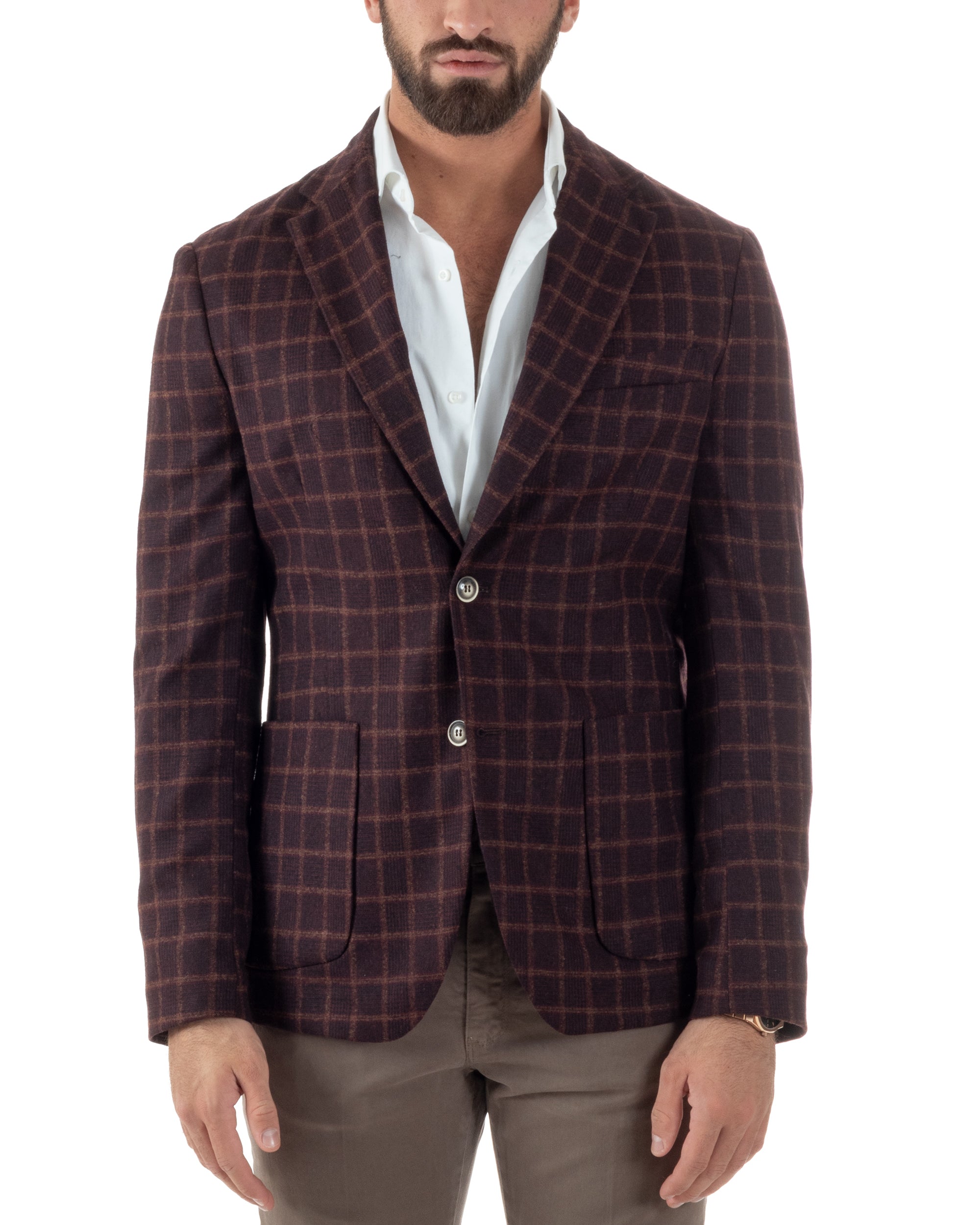 Giacca Monopetto Uomo Lana Check Quadri Revers Blazer Bordeaux BZ1004A