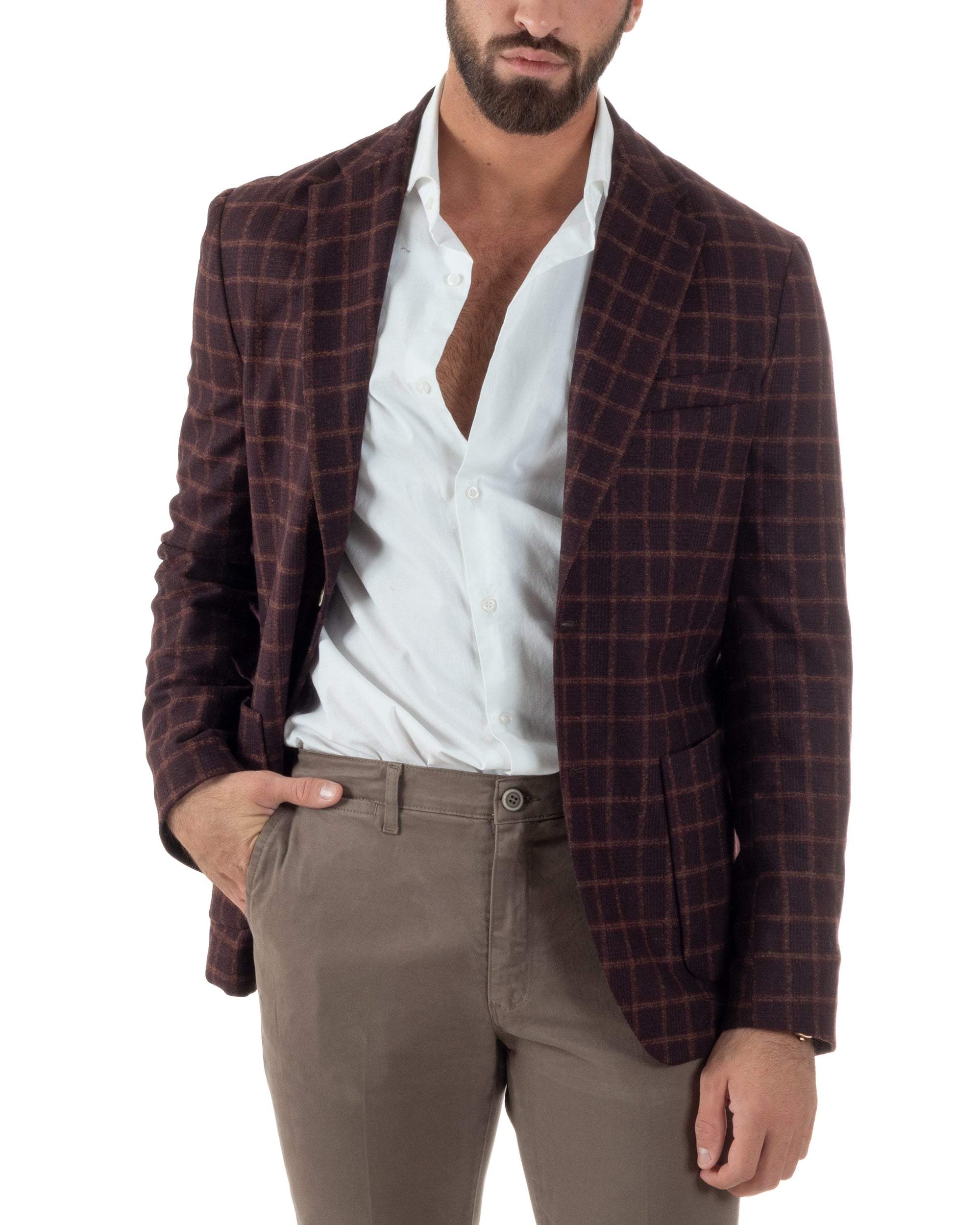 Giacca Monopetto Uomo Lana Check Quadri Revers Blazer Bordeaux BZ1004A
