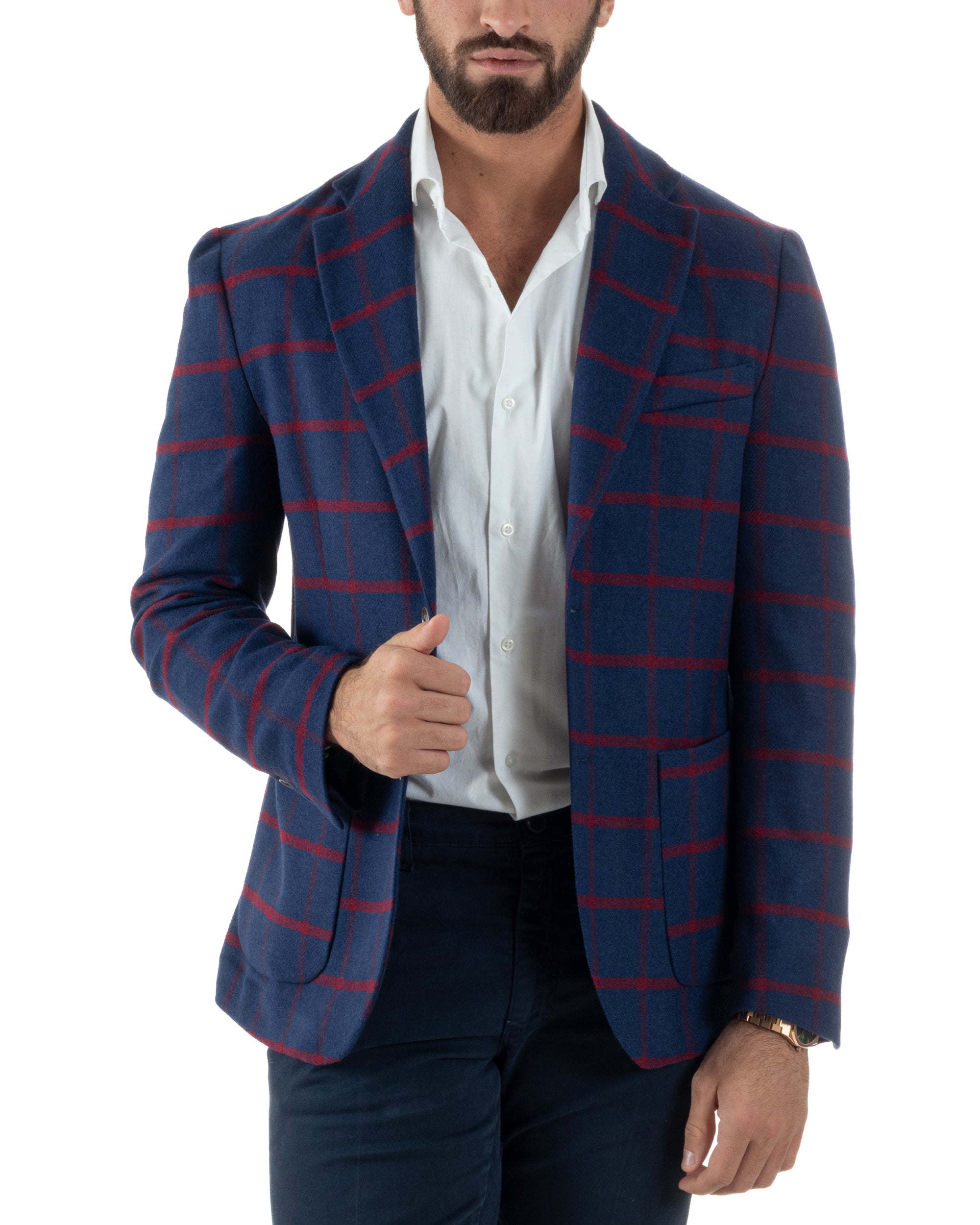 Giacca Monopetto Uomo Lana Check Quadri Revers Blazer Blu BZ1005A