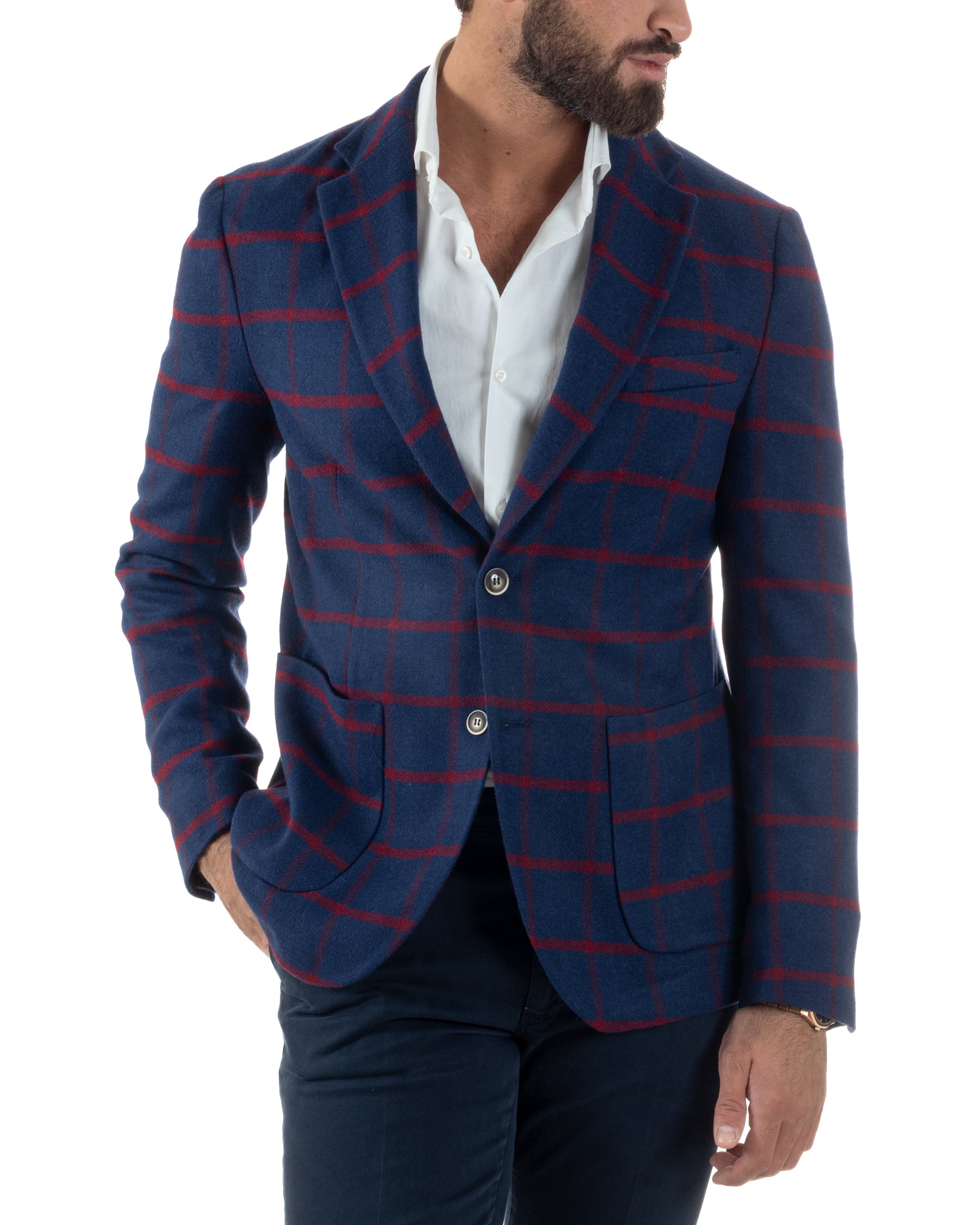 Giacca Monopetto Uomo Lana Check Quadri Revers Blazer Blu BZ1005A