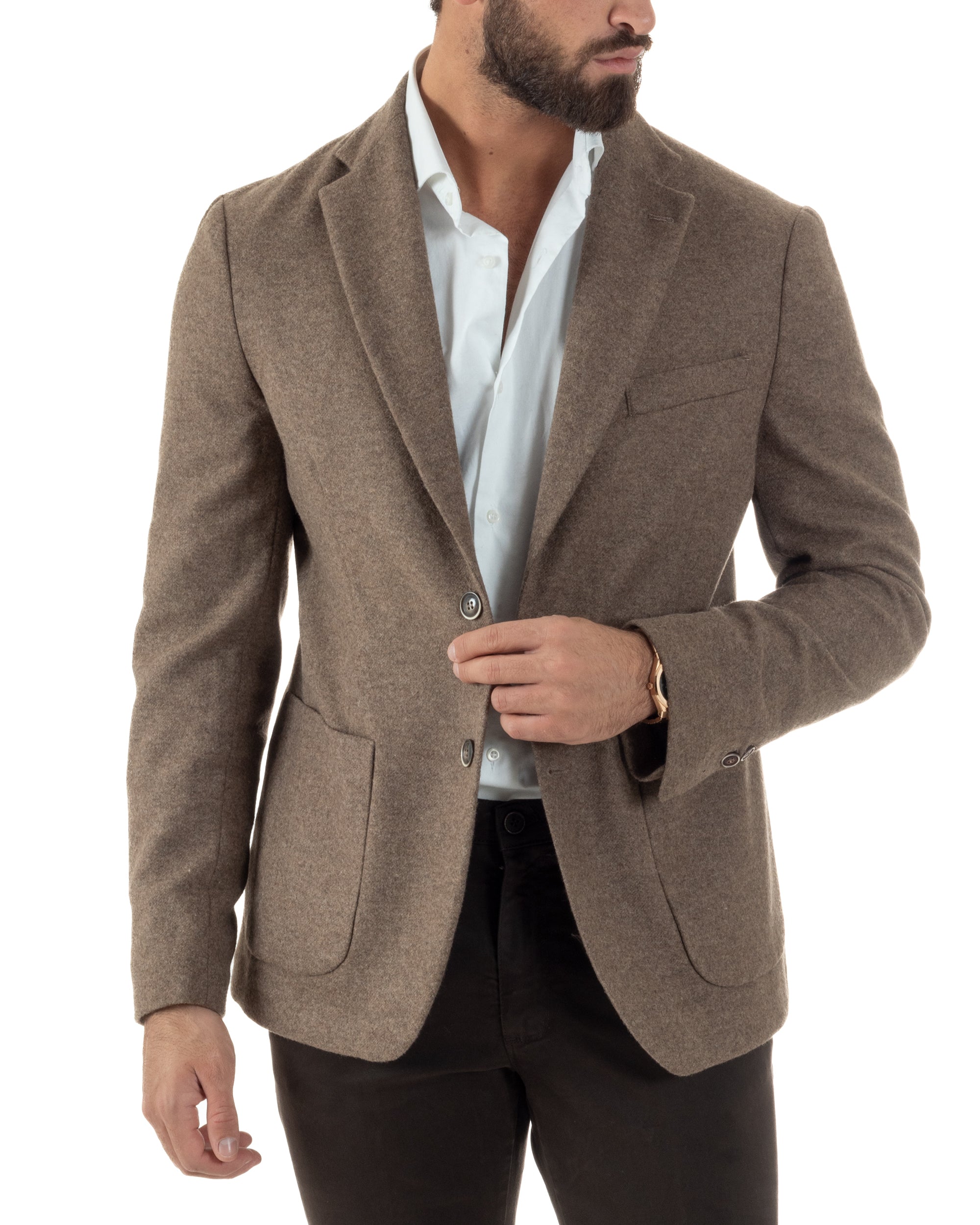 Giacca Monopetto Uomo Lana Revers Blazer Melangiata Tortora BZ1007A