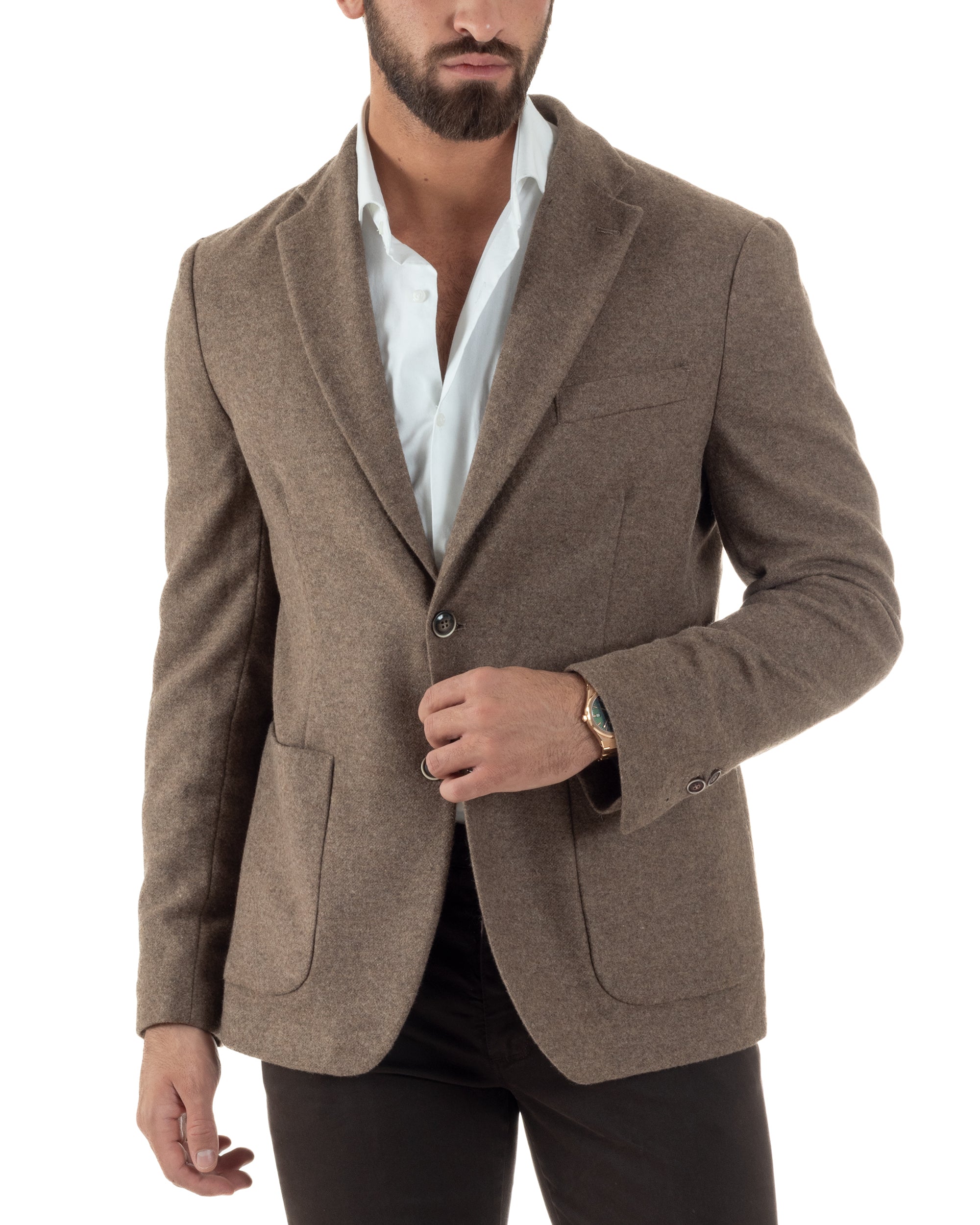 Giacca Monopetto Uomo Lana Revers Blazer Melangiata Tortora BZ1007A
