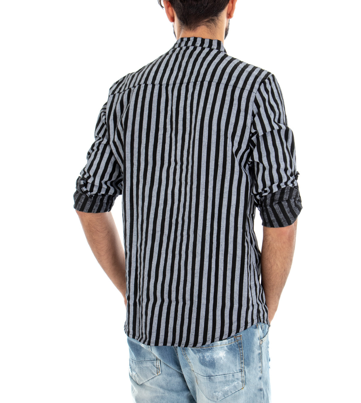 Men's Mandarin Collar Striped Black Shirt Long Sleeve Linen Cotton GIOSAL-C1563A
