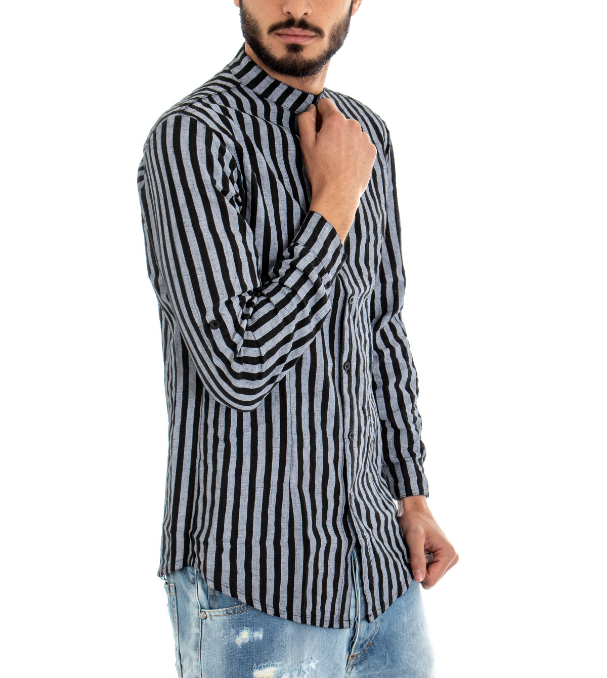 Men's Mandarin Collar Striped Black Shirt Long Sleeve Linen Cotton GIOSAL-C1563A