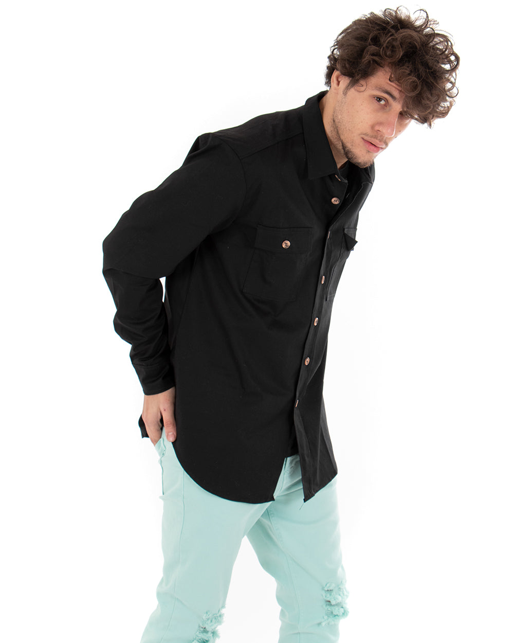 Men's Shirt With Collar Long Sleeve Casual Black Cotton GIOSAL-C1862A