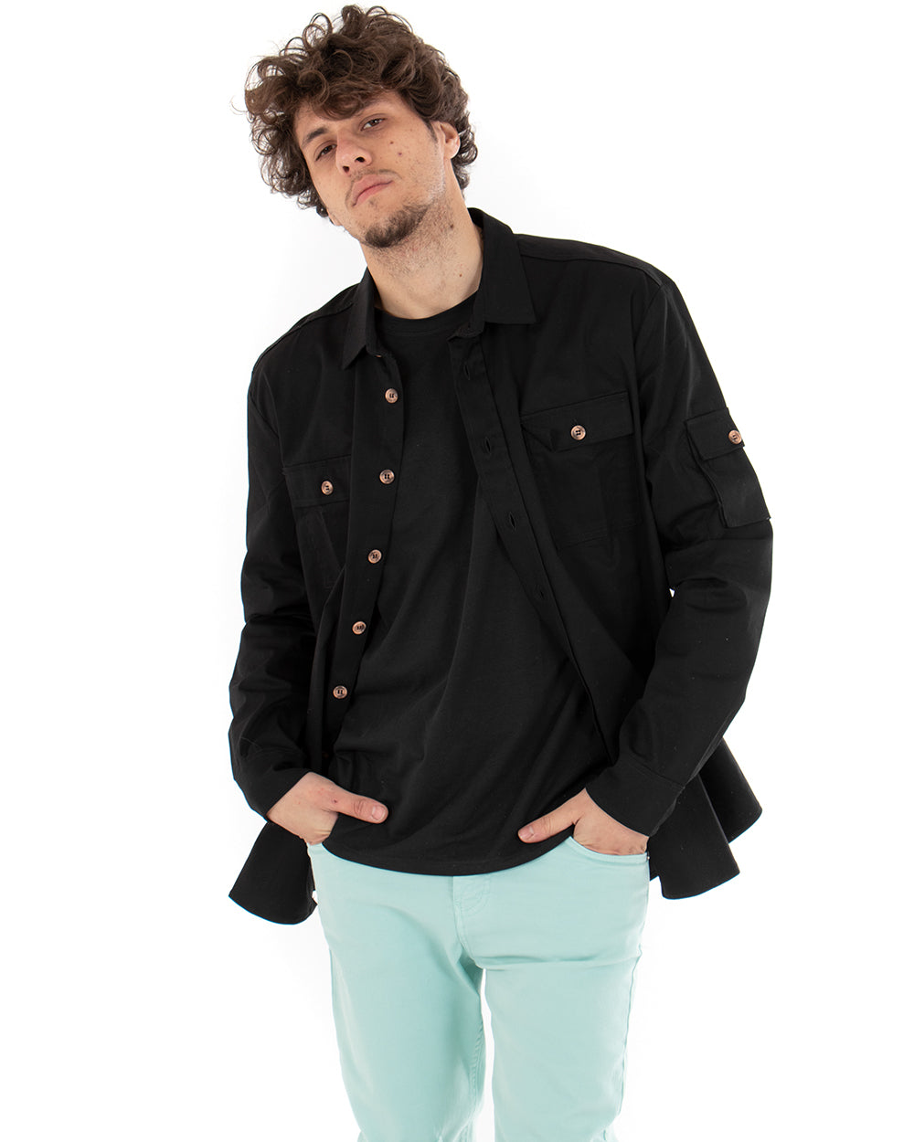 Men's Shirt With Collar Long Sleeve Casual Black Cotton GIOSAL-C1862A