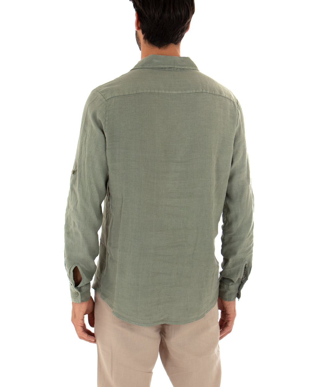 Camicia Uomo Con Colletto Manica Lunga Lino Tinta Unita Verde Militare GIOSAL-C1988A