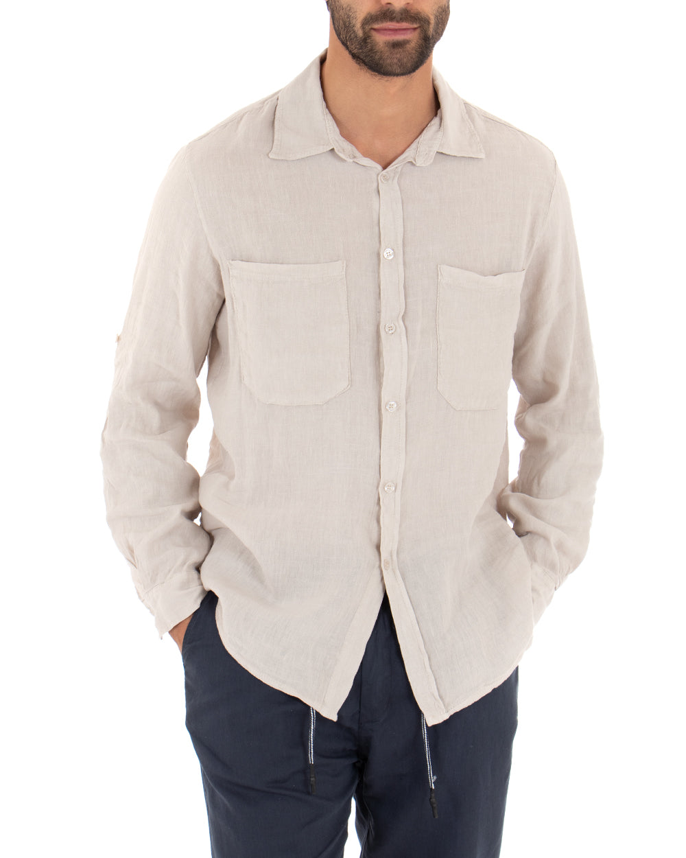 Men's Shirt With Collar Long Sleeve Linen Solid Color Beige GIOSAL-C1989A