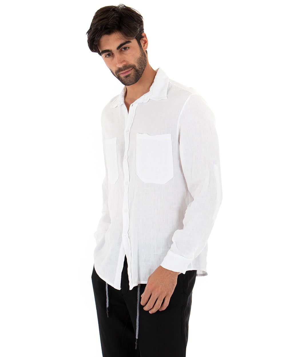 Camicia Uomo Con Colletto Manica Lunga Lino Tinta Unita Bianco GIOSAL-C1991A