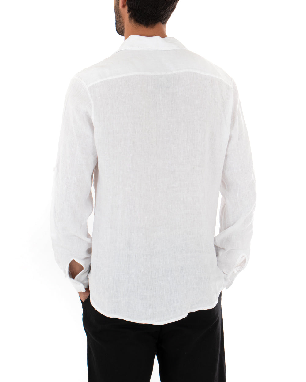 Men's Shirt With Collar Long Sleeve Linen Solid Color White GIOSAL-C1991A