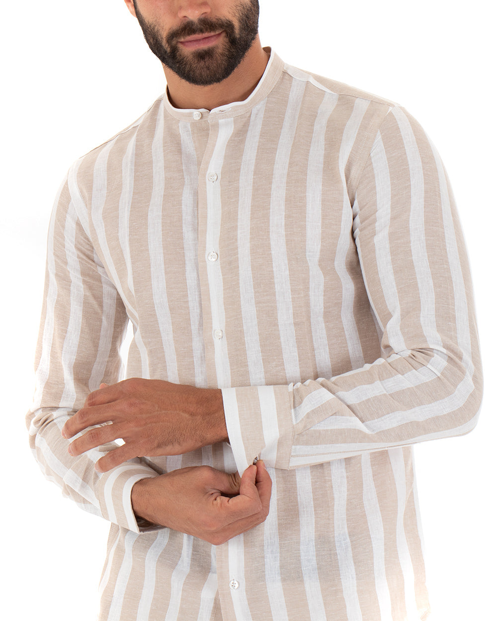 Men's Shirt Wide Stripe Korean Collar Long Sleeve Tailored Linen Beige GIOSAL-C2021A
