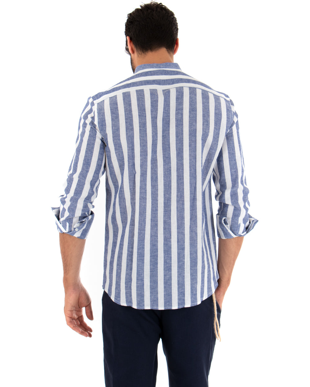 Men's Shirt Wide Stripe Korean Collar Long Sleeve Tailored Linen Blue GIOSAL-C2022A