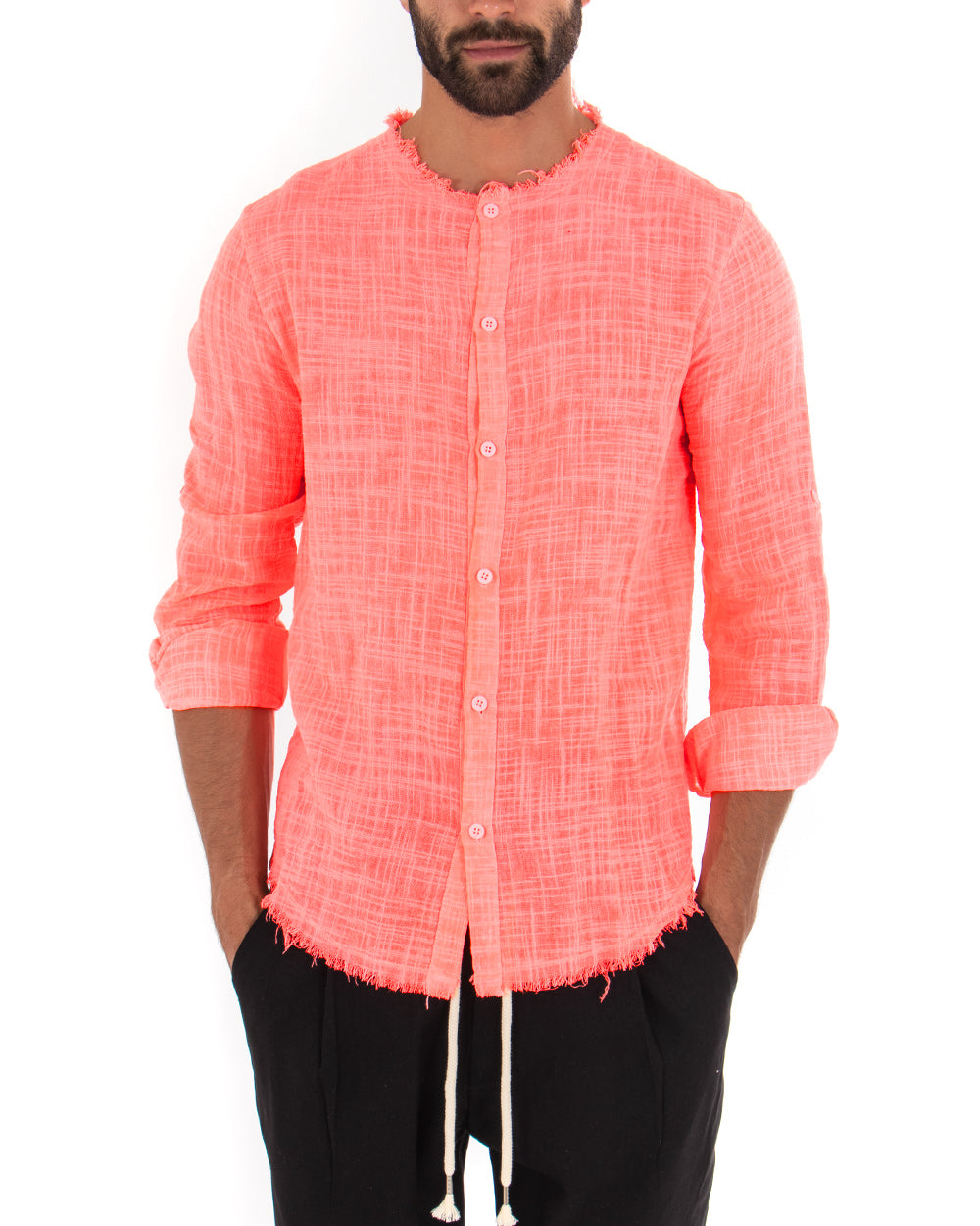 Men's Shirt Mandarin Collar Frayed Long Sleeve Cotton Linen Coral GIOSAL-C2024A
