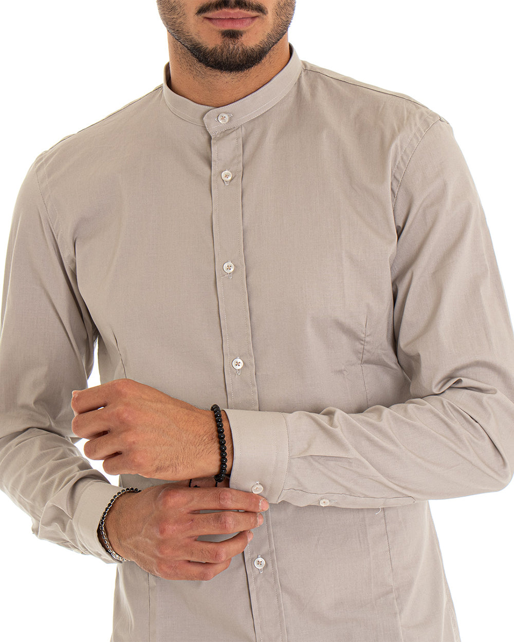 Camicia Uomo Collo Coreano Manica Lunga Tinta Unita Slim Fit Basic Beige GIOSAL-C2095A