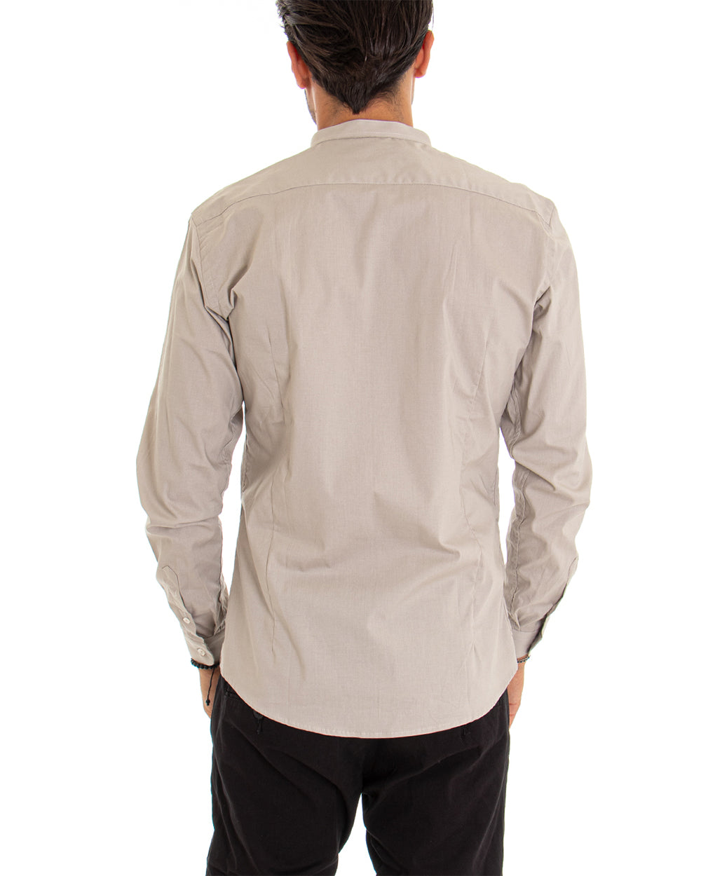 Camicia Uomo Collo Coreano Manica Lunga Tinta Unita Slim Fit Basic Beige GIOSAL-C2095A