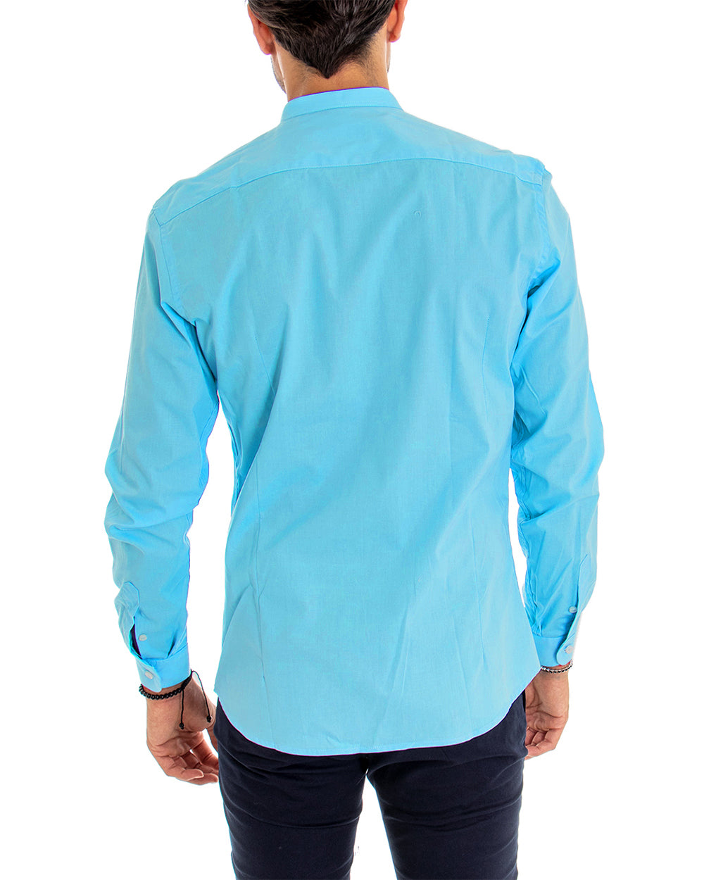 Camicia Uomo Collo Coreano Manica Lunga Tinta Unita Slim Fit Basic Turchese GIOSAL-C2100A