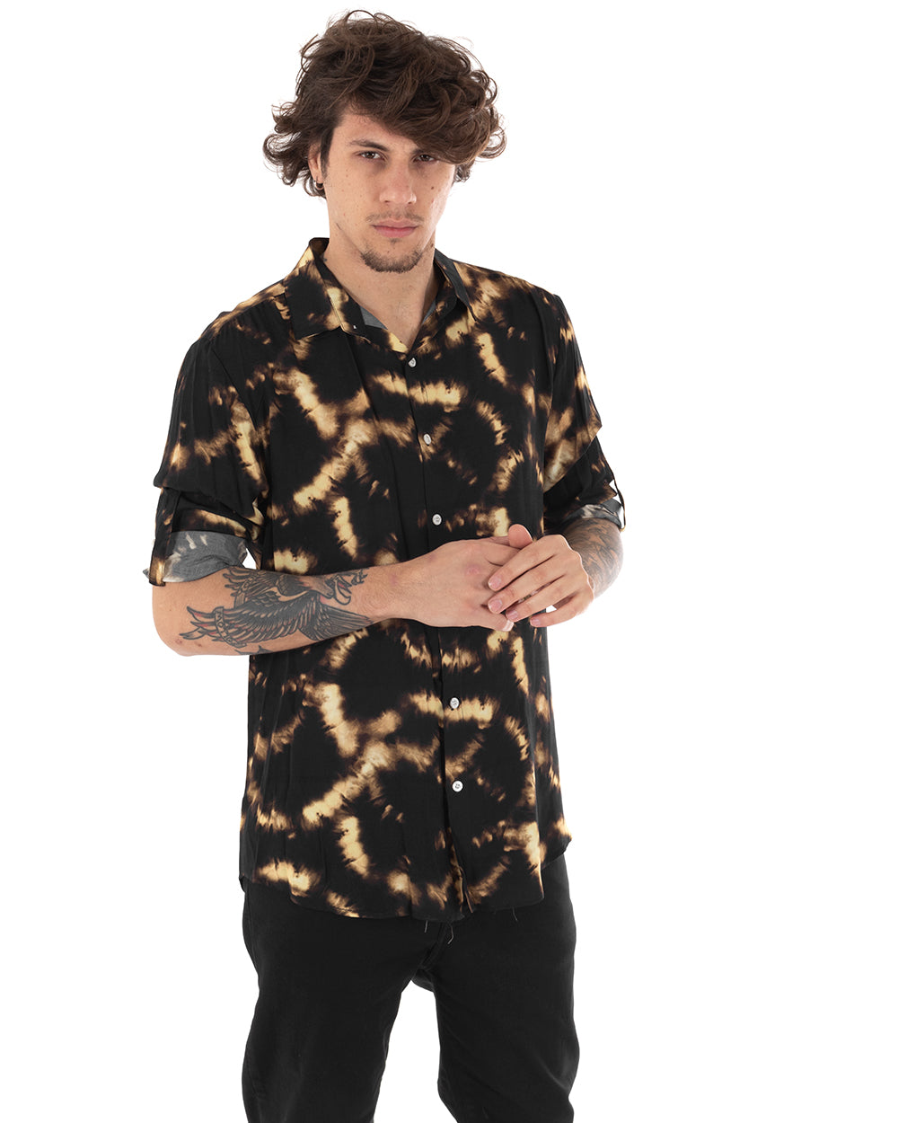 Camicia Uomo Con Colletto Manica Lunga Nero Stampa Animalier GIOSAL-C2310A