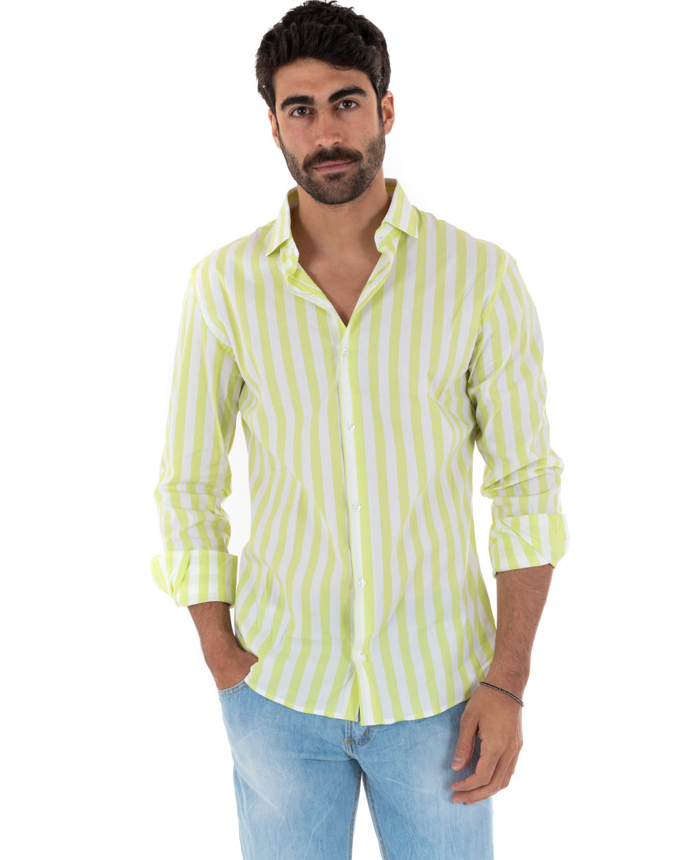 Men's Shirt With Collar Long Sleeves Striped Cotton Yellow GIOSAL-C2313A
