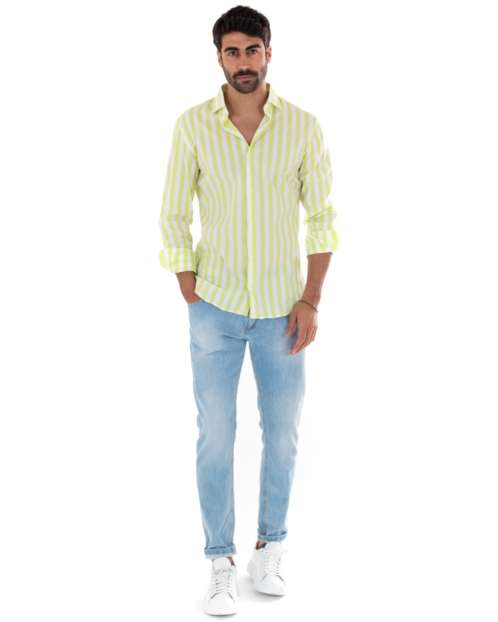 Men's Shirt With Collar Long Sleeves Striped Cotton Yellow GIOSAL-C2313A