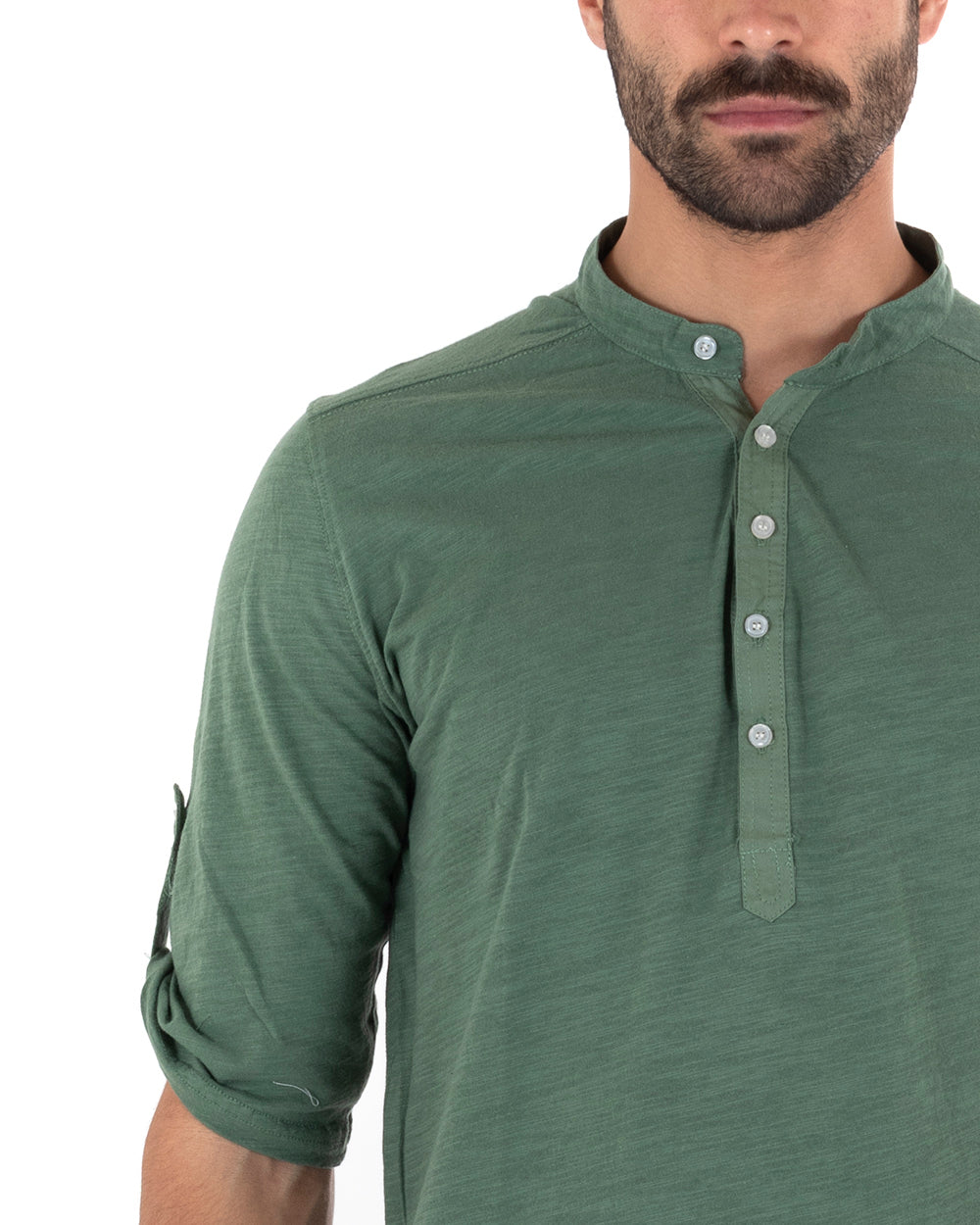 Camicia Uomo Casacca Morbida Serafino Bottoni Manica 3/4 Cotone Tinta Unita Verde Militare GIOSAL-C2340A