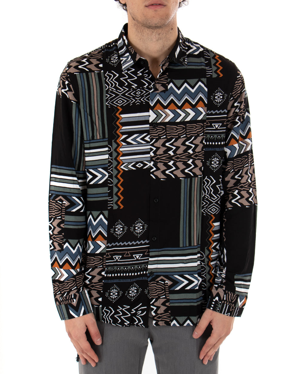 Men's Shirt With Collar Long Sleeve Soft Viscose Black Geometric Pattern GIOSAL-C2352A