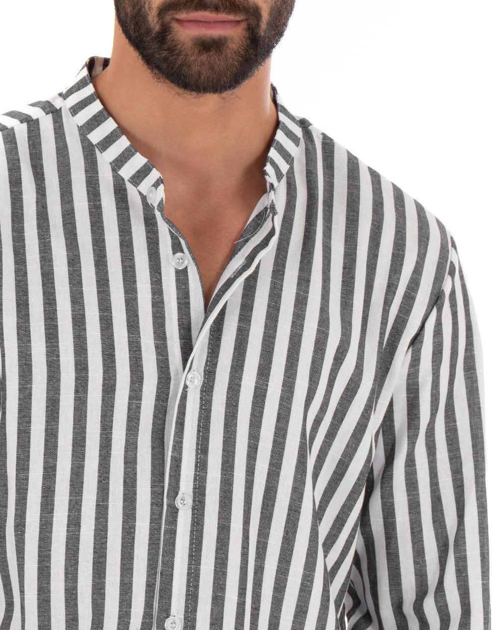Men's Mandarin Collar Shirt Long Sleeve Cotton Linen Thin Stripe Black GIOSAL-C2356A