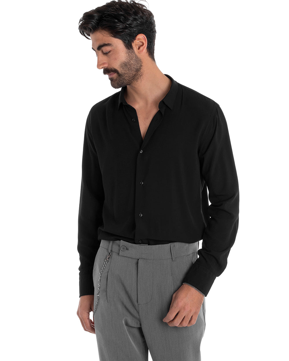 Camicia Uomo Sartoriale Con Colletto Manica Lunga Basic Viscosa Morbida Nero GIOSAL-C2360A