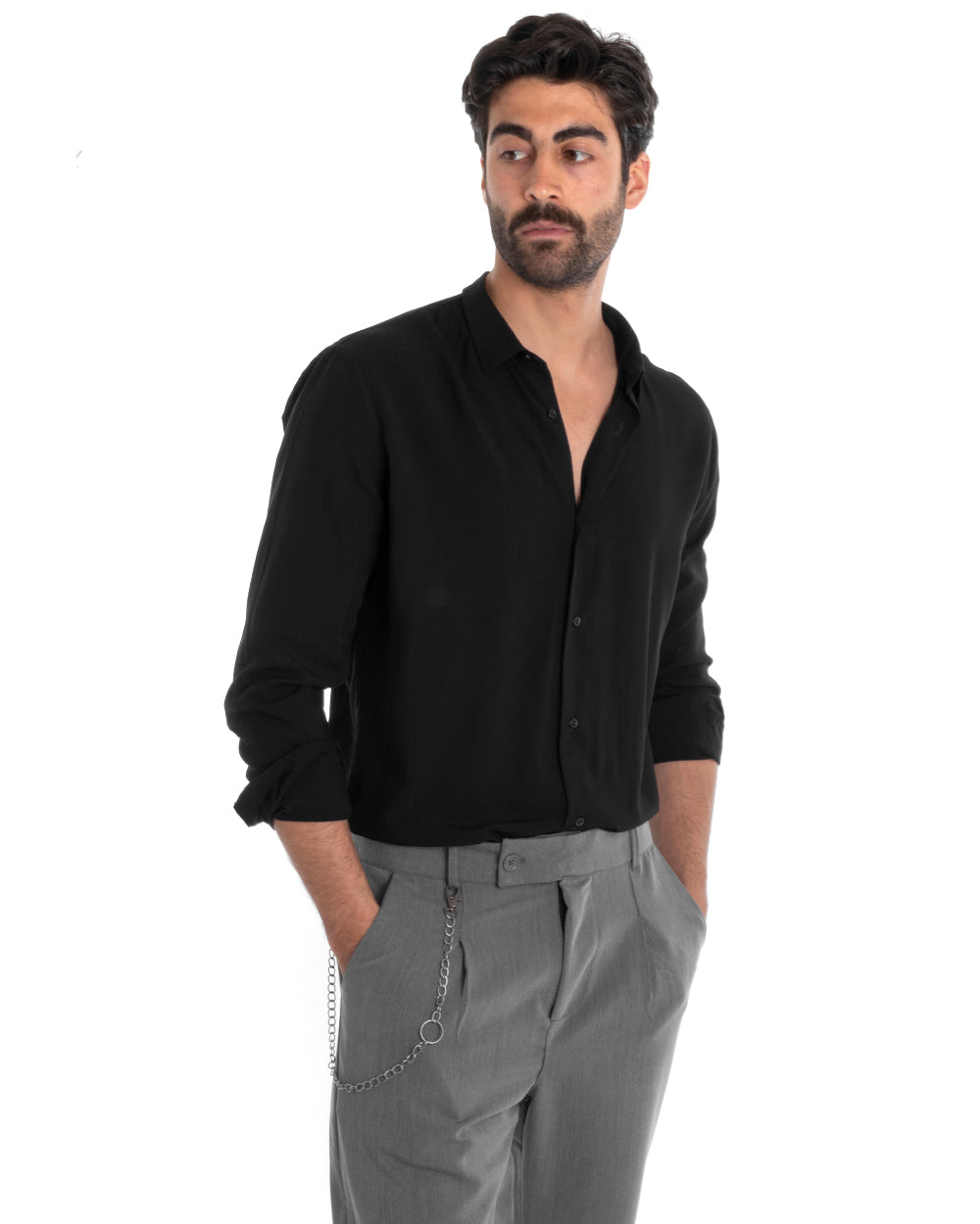 Men's Tailored Shirt With Collar Long Sleeve Basic Soft Viscose Black GIOSAL-C2360A