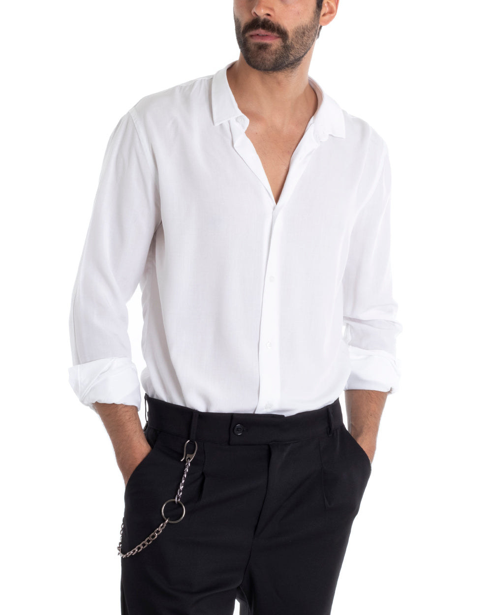 Camicia Uomo Sartoriale Con Colletto Manica Lunga Basic Viscosa Morbida Bianco GIOSAL-C2364A