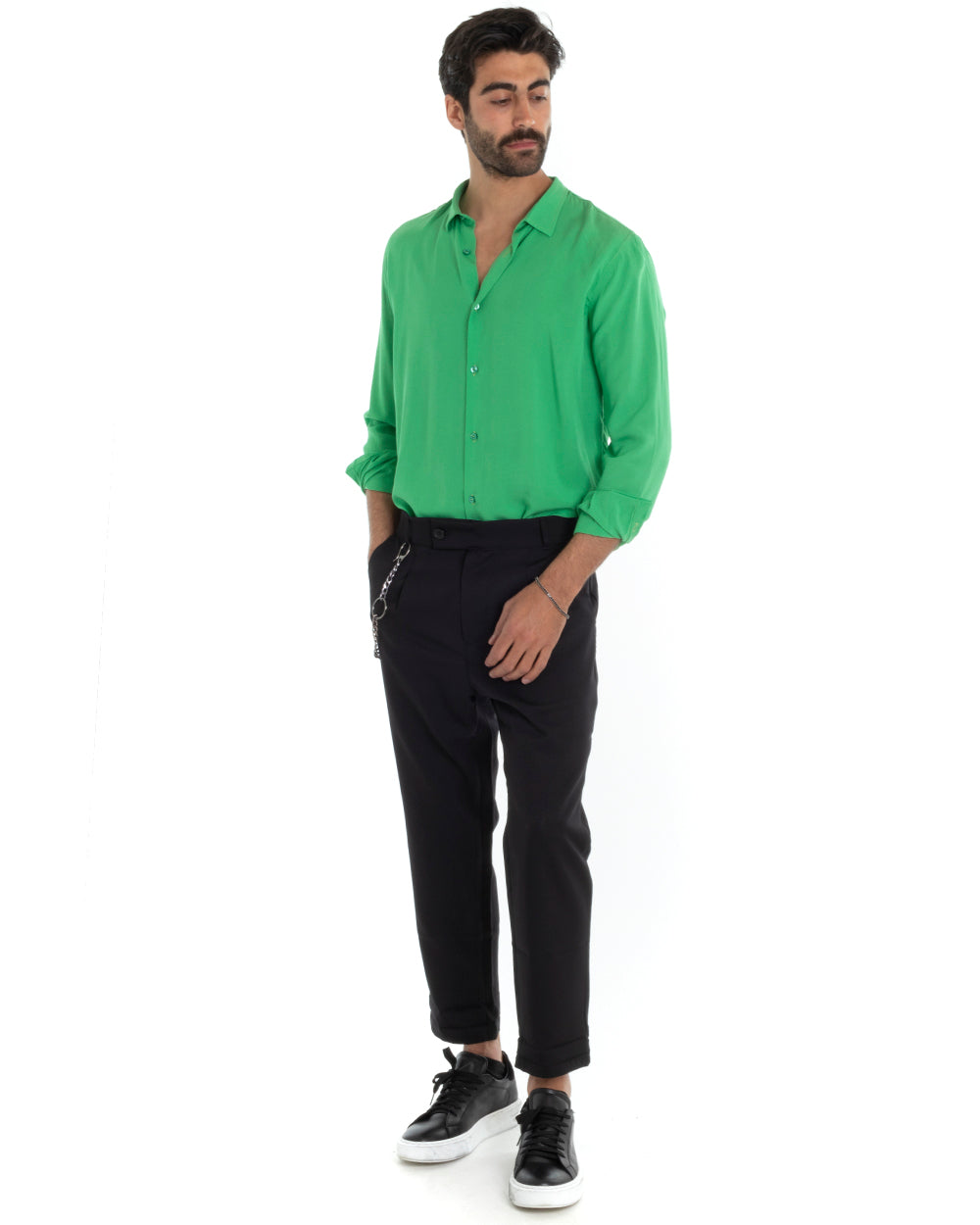 Men's Tailored Shirt With Collar Long Sleeve Basic Soft Viscose Green GIOSAL-C2365A