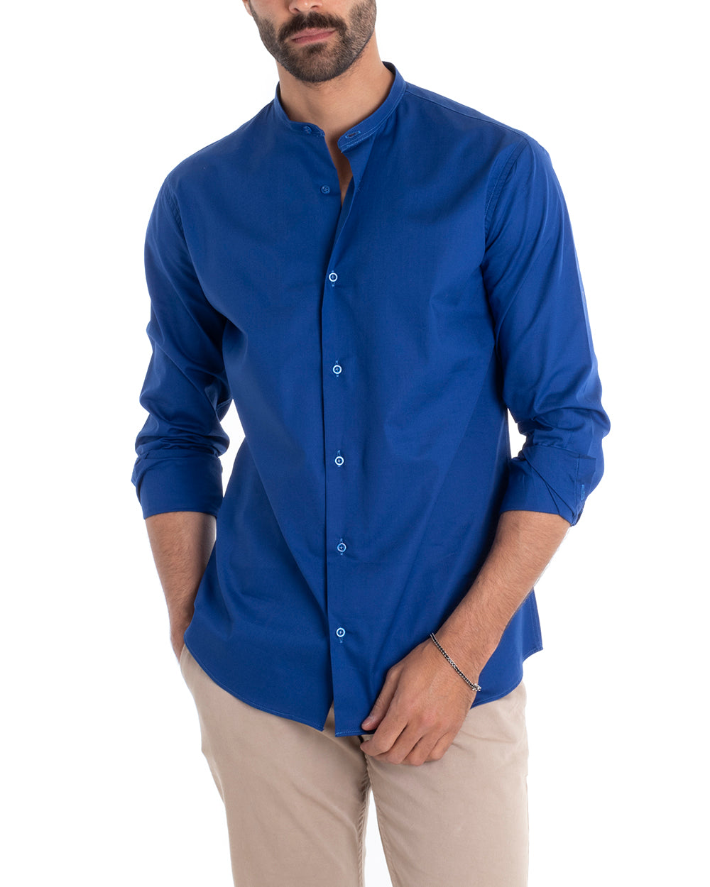 Men's Tailored Shirt Korean Collar Long Sleeve Basic Soft Cotton Royal Blue Regular Fit GIOSAL-C2370A