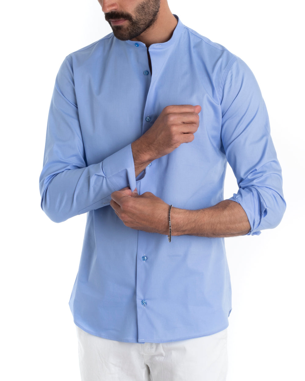Camicia Uomo Sartoriale Collo Coreano Manica Lunga Basic Cotone Morbido Celeste Regular Fit GIOSAL-C2372A