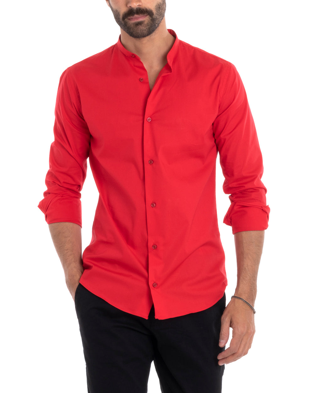 Camicia Uomo Sartoriale Collo Coreano Manica Lunga Basic Cotone Morbido Rosso Regular Fit GIOSAL-C2376A