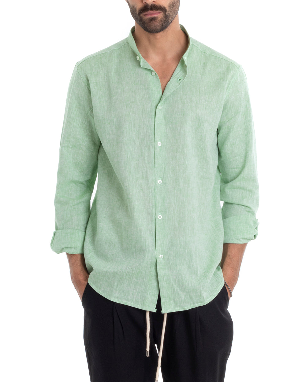 Camicia Uomo Collo Coreano Manica Lunga Regular Fit Lino Melangiata Sartoriale Verde GIOSAL-C2384A