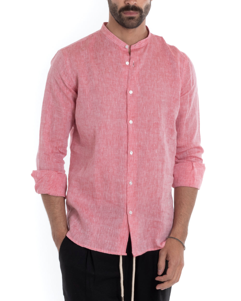 Men's Mandarin Collar Shirt Long Sleeve Regular Fit Tailored Melange Linen Red GIOSAL-C2385A