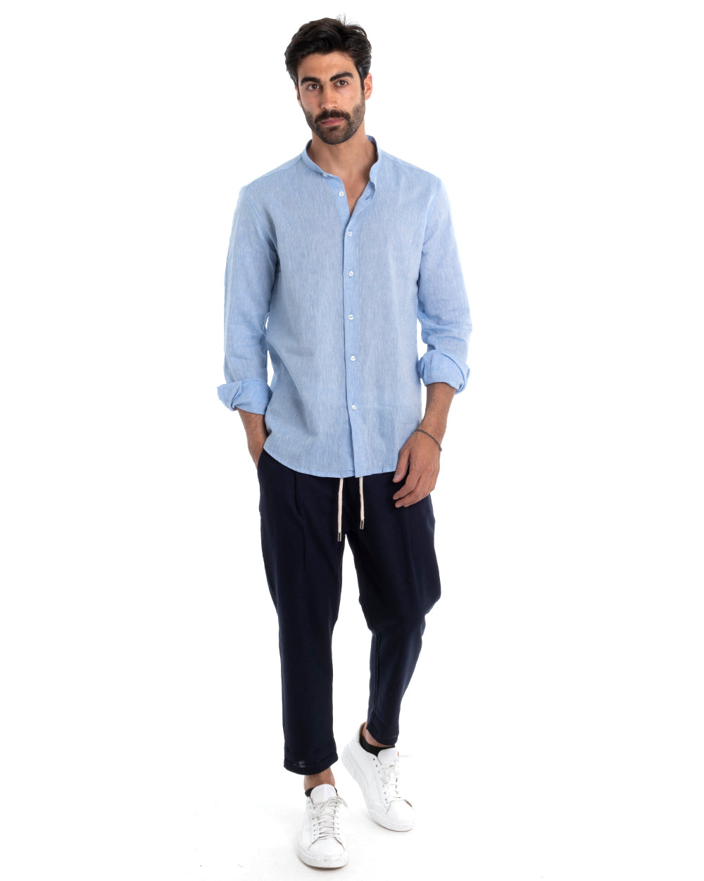 Men's Mandarin Collar Shirt Long Sleeve Regular Fit Tailored Melange Linen Light Blue GIOSAL-C2388A