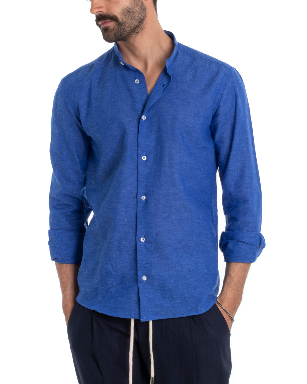 Men's Mandarin Collar Shirt Long Sleeve Regular Fit Tailored Melange Linen Royal Blue GIOSAL-C2389A