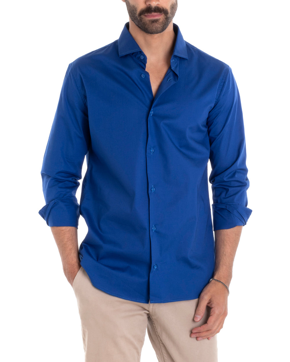 Camicia Uomo Sartoriale Con Colletto Manica Lunga Basic Cotone Morbido Blu Royal Regular Fit GIOSAL-C2391A