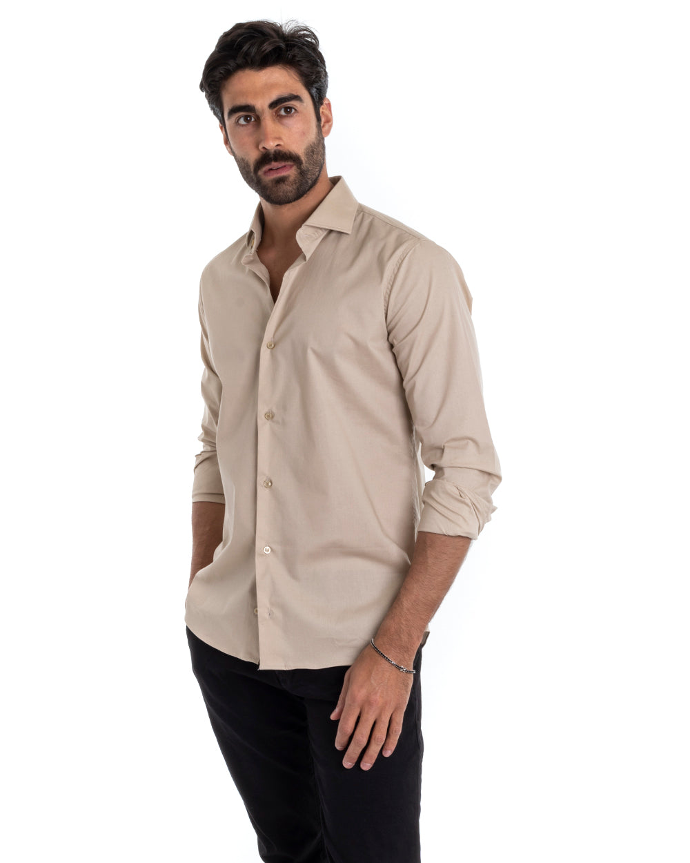 Men's Tailored Shirt With Collar Long Sleeve Basic Soft Cotton Beige Regular Fit GIOSAL-C2394A