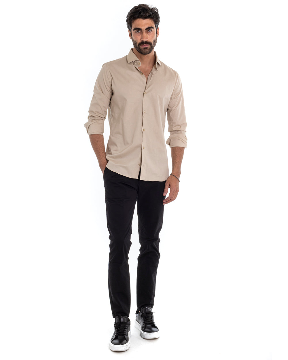 Men's Tailored Shirt With Collar Long Sleeve Basic Soft Cotton Beige Regular Fit GIOSAL-C2394A