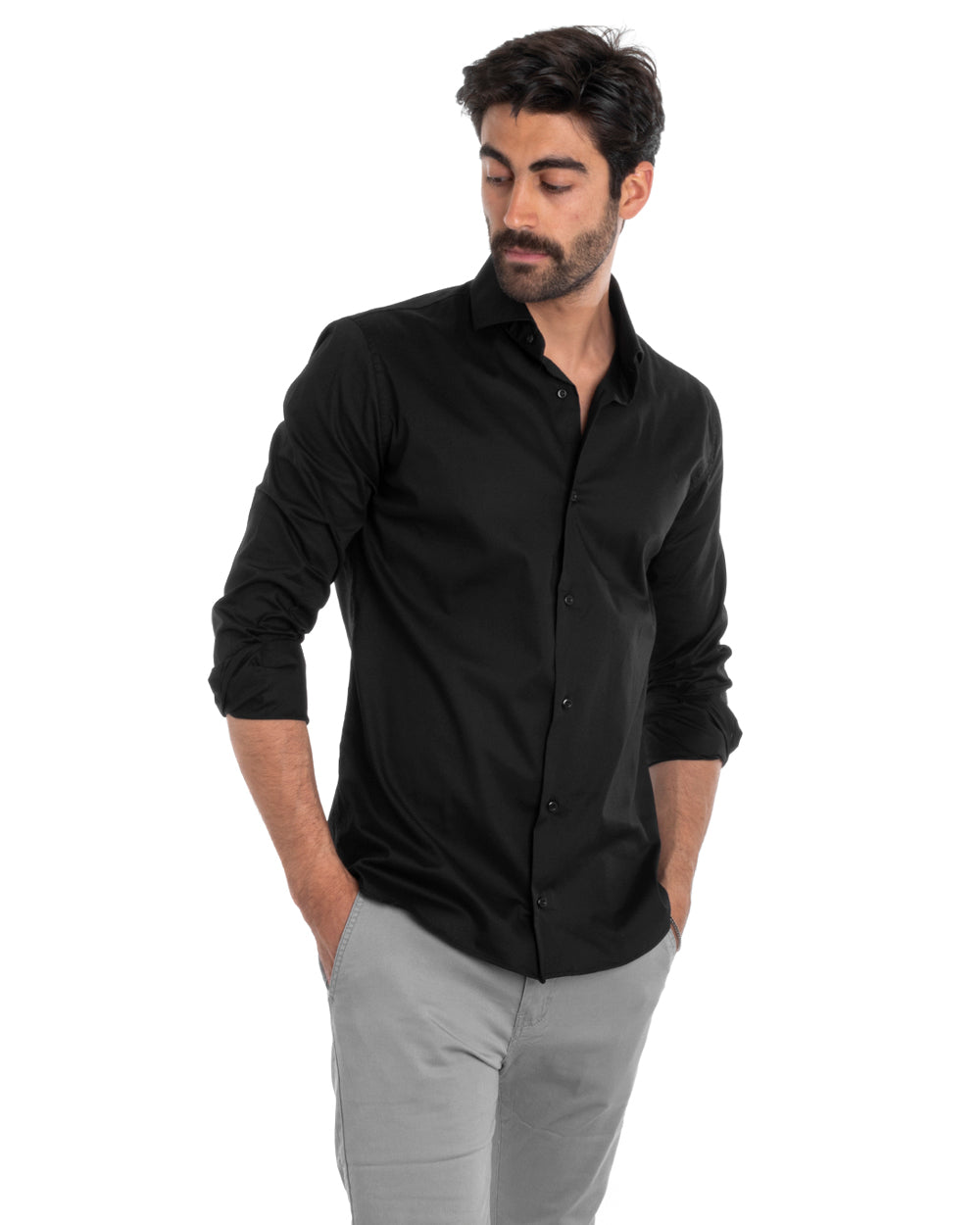 Camicia Uomo Sartoriale Con Colletto Manica Lunga Basic Cotone Morbido Nero Regular Fit GIOSAL-C2396A