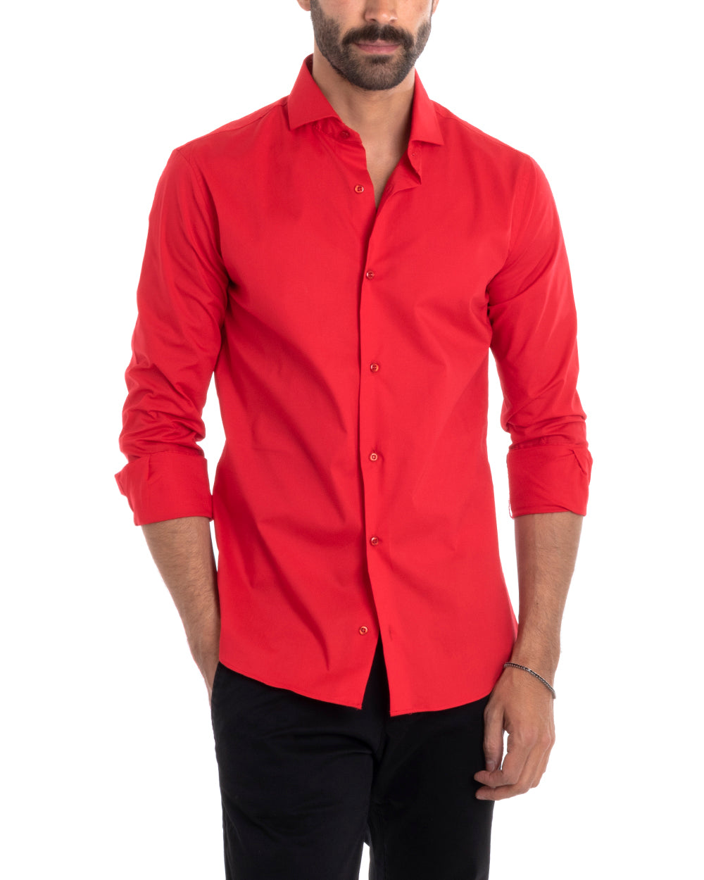 Men's Tailored Shirt With Collar Long Sleeve Basic Soft Cotton Red Regular Fit GIOSAL-C2397A