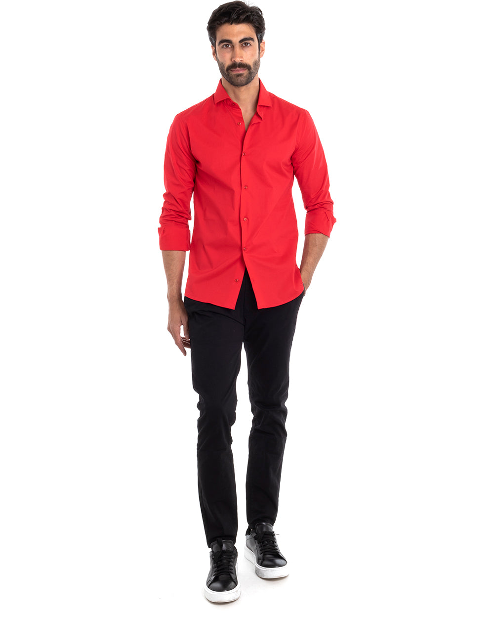 Men's Tailored Shirt With Collar Long Sleeve Basic Soft Cotton Red Regular Fit GIOSAL-C2397A